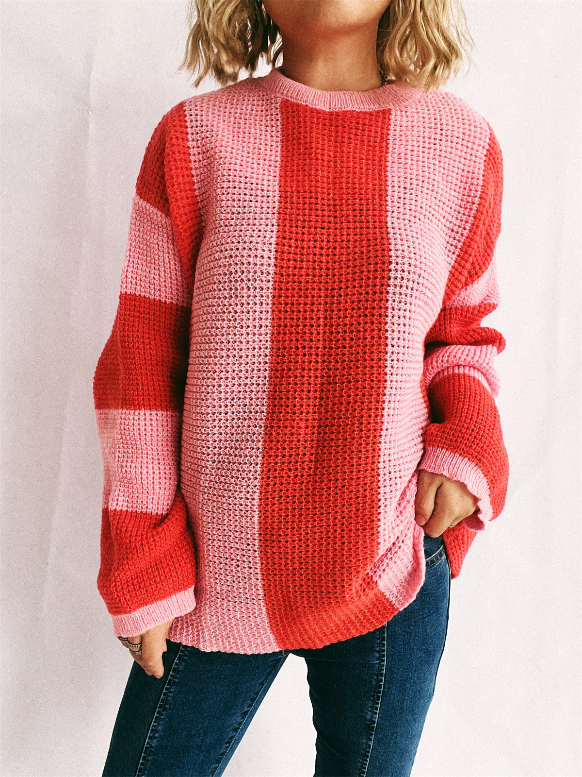 Color Block Round Neck Long Sleeve Sweater