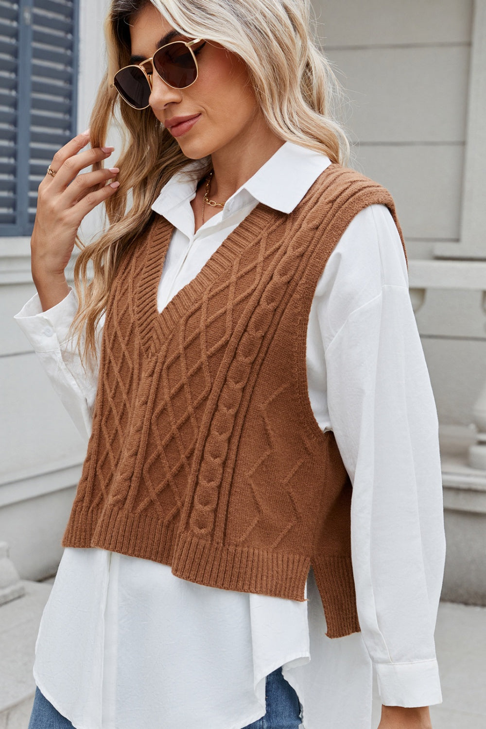 Cable-Knit V-Neck Sweater Vest