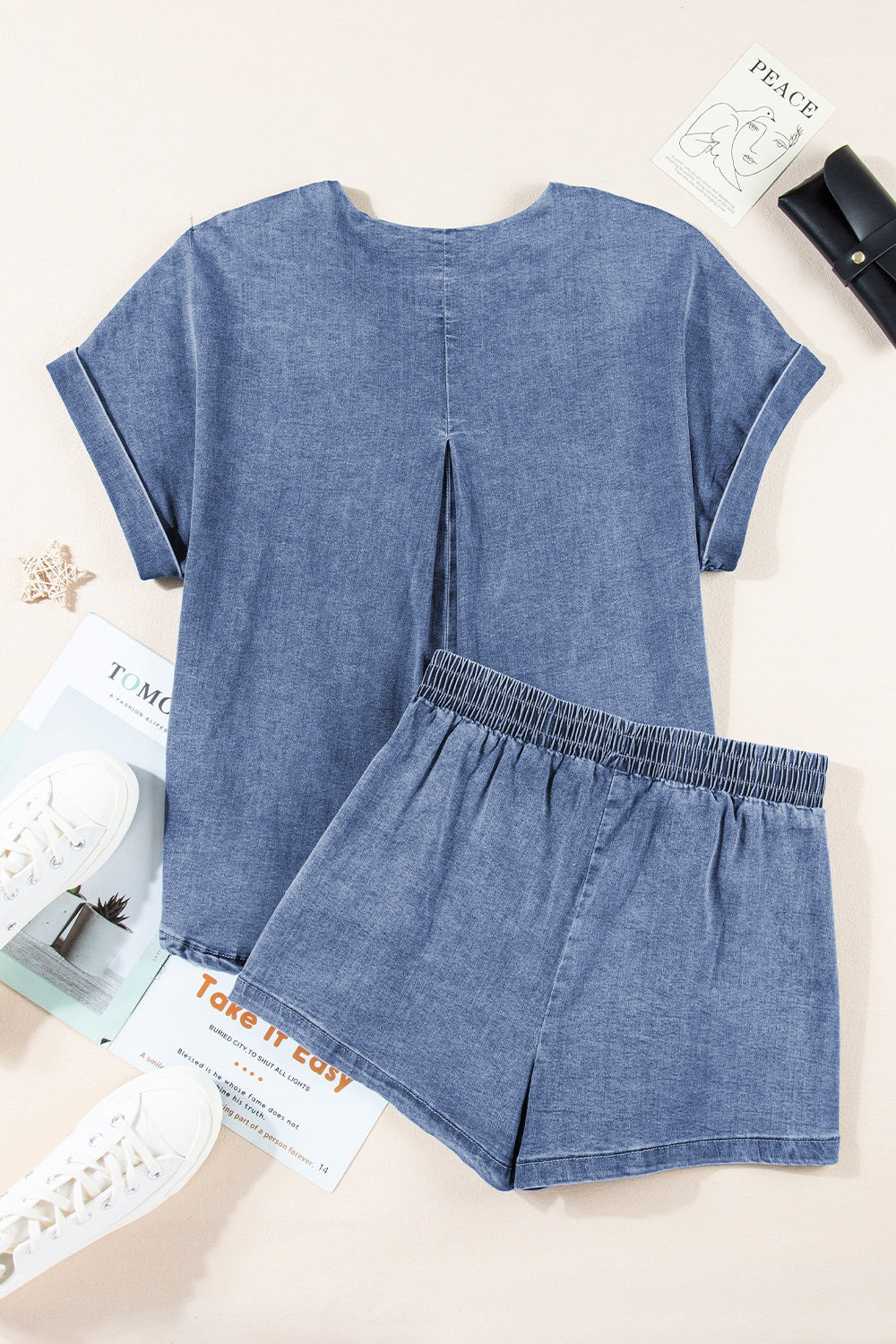 Round Neck Short Sleeve Top and Shorts Denim Set