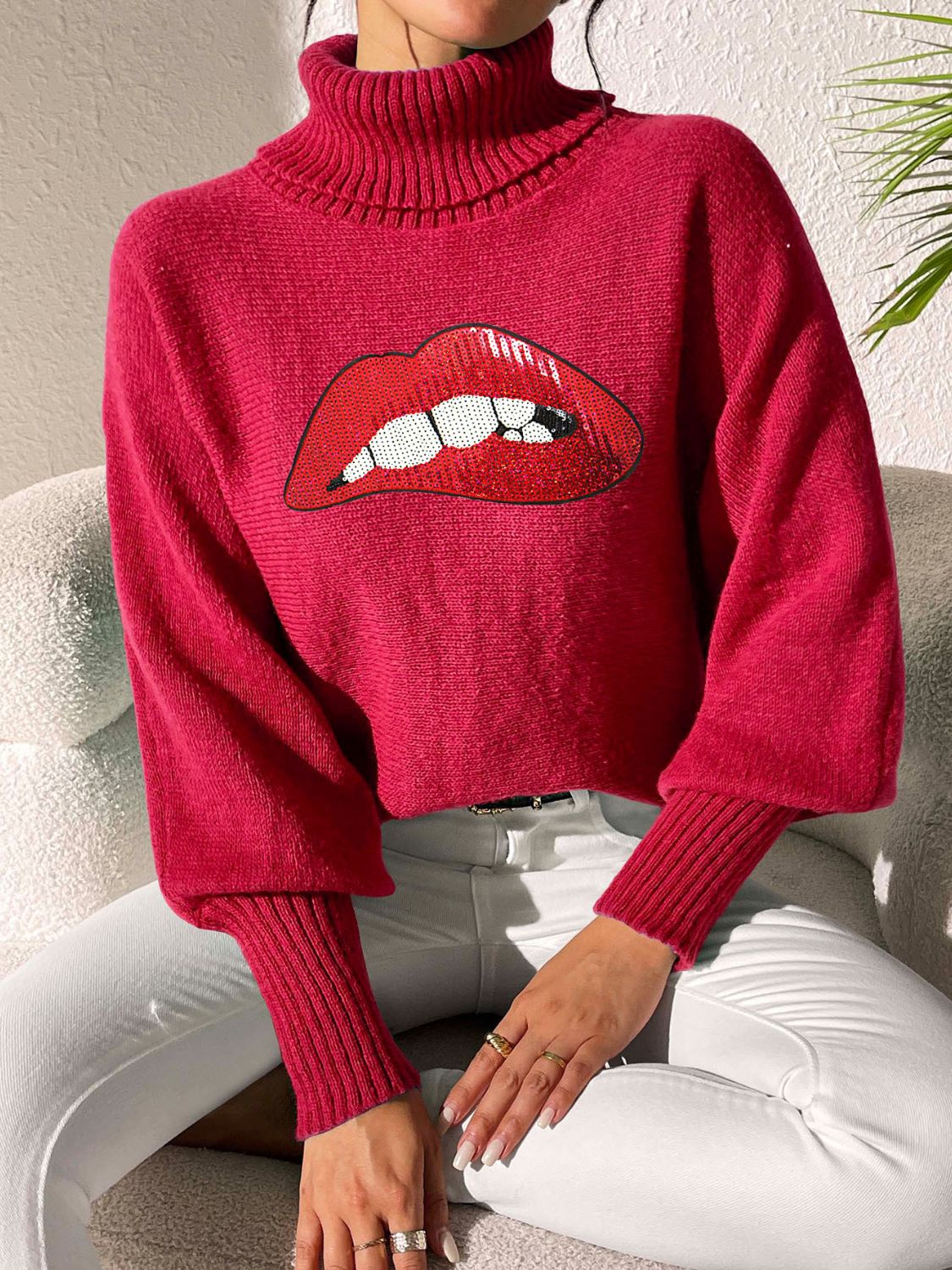 Lip Turtleneck Long Sleeve Sweater