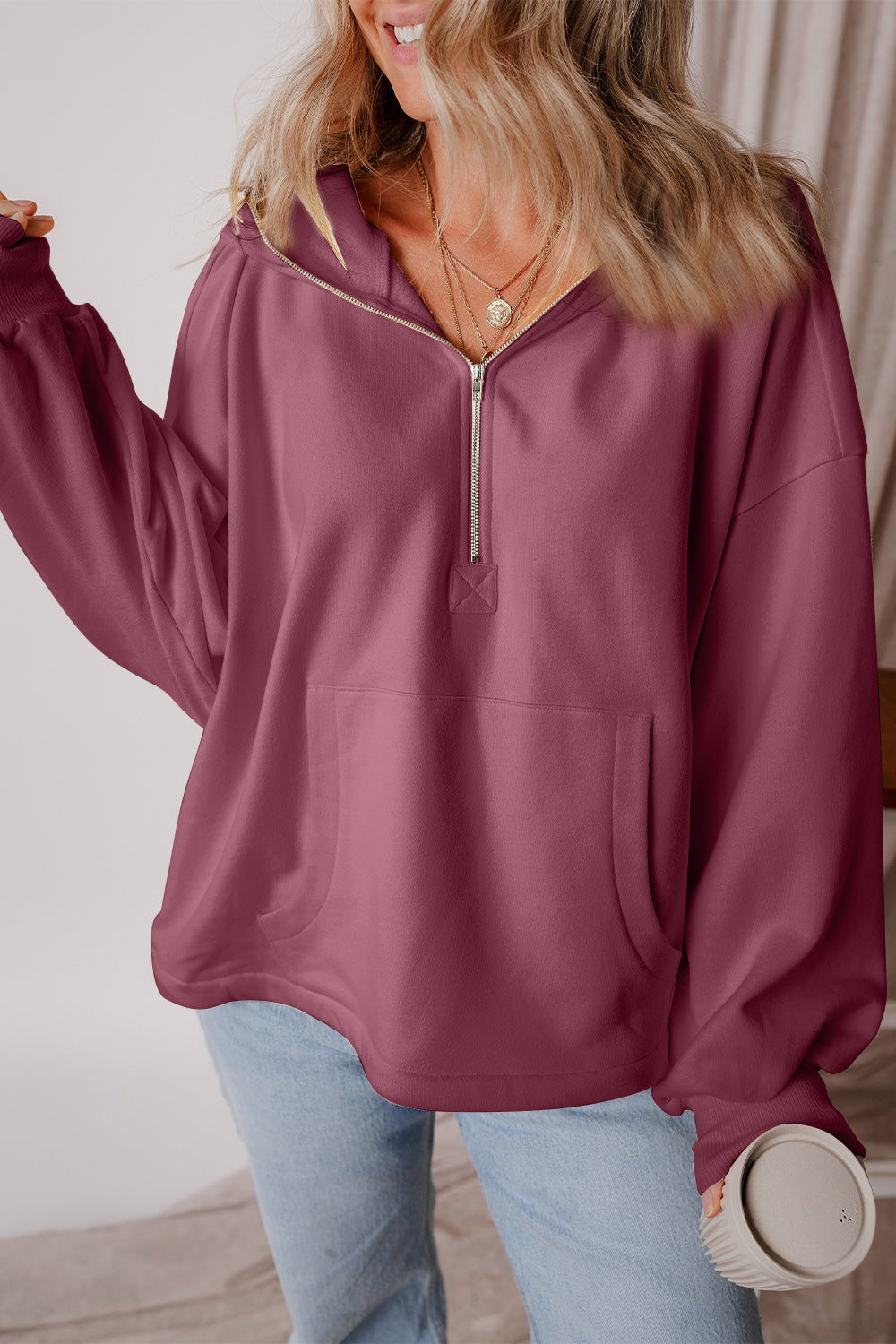 Pocketed Half Zip Dropped Shoulder Hoodie