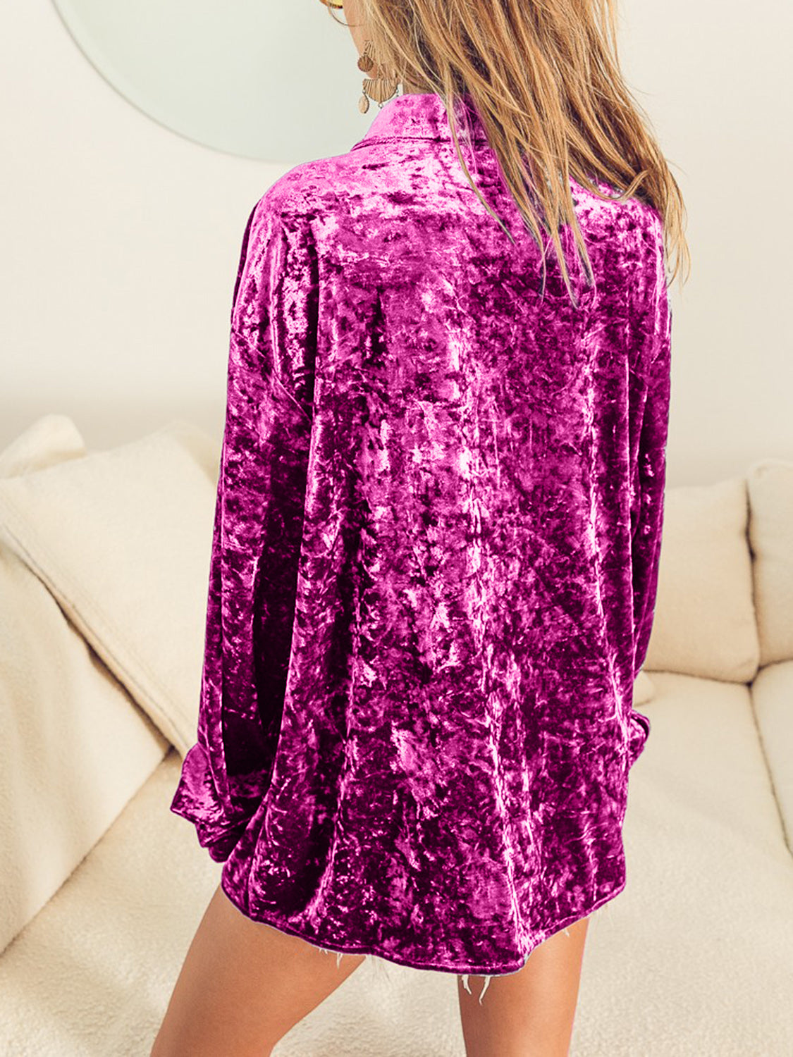 Collared Neck Long Sleeve Velvet Shirt