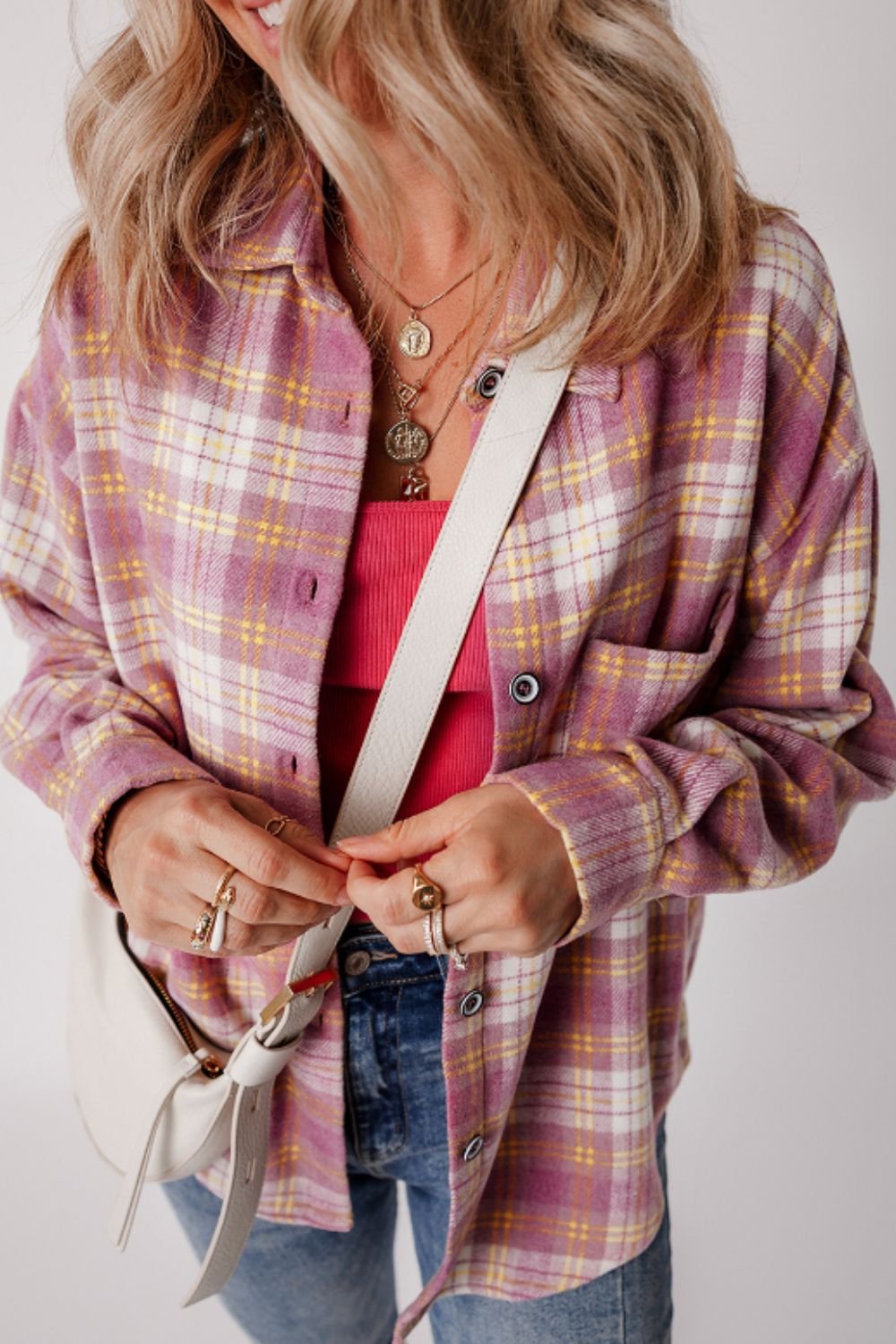 Plaid Collared Neck Button Up Shacket