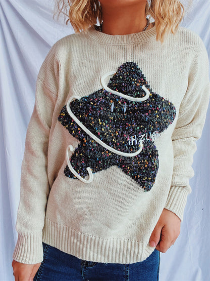 Contrast Star Round Neck Long Sleeve Sweater