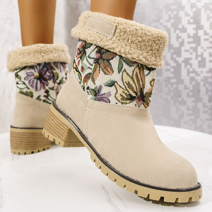 Embroidered Faux Fur Block Heel Boots