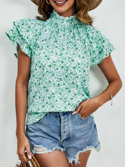 Ditsy Floral Mock Neck Flounce Sleeve Blouse