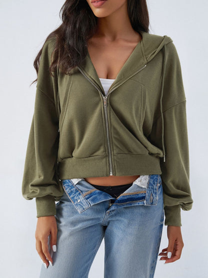 Devine Drawstring Zip Up Long Sleeve Hoodie