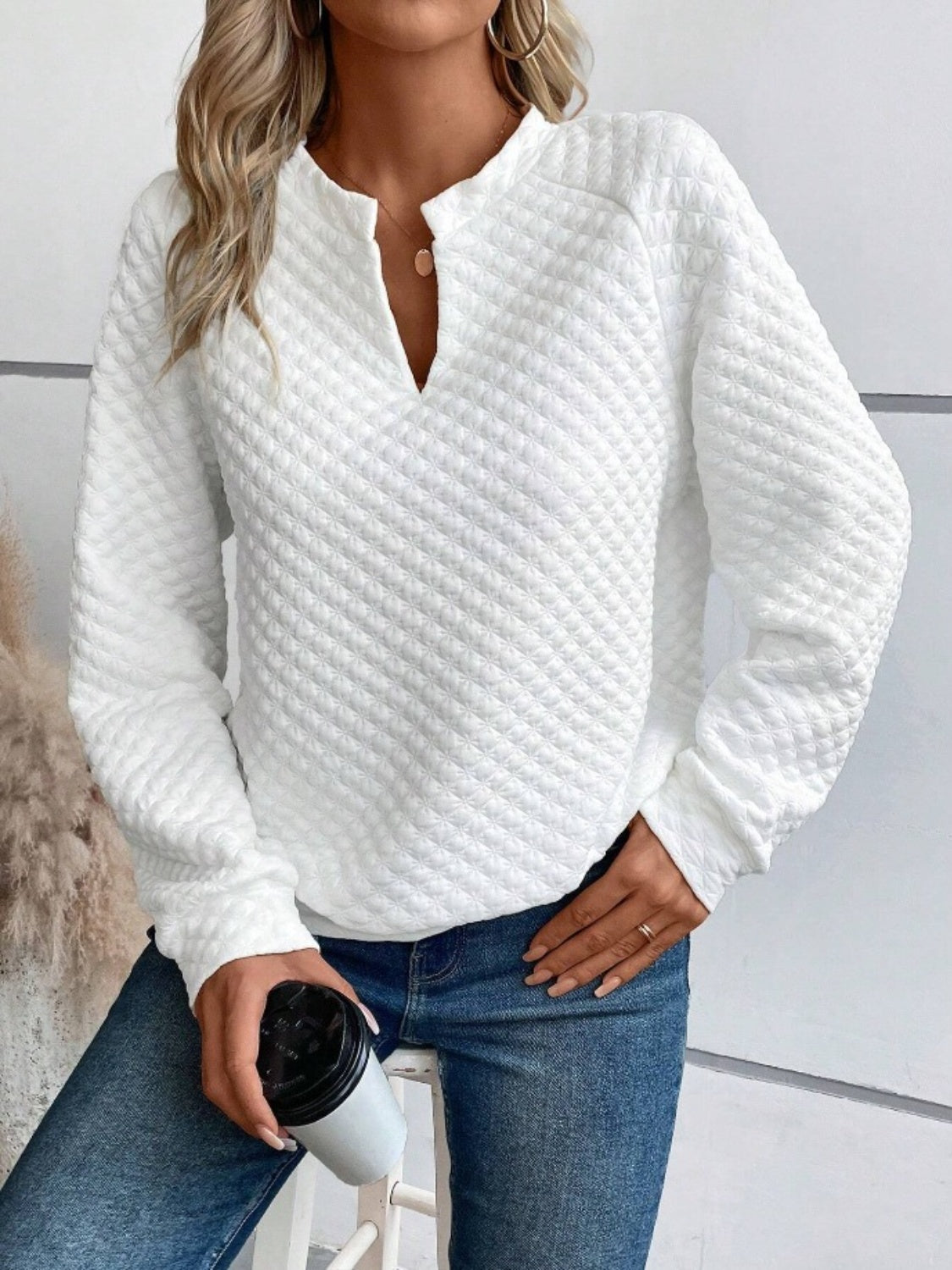 Notched Long Sleeve Sweatshirt