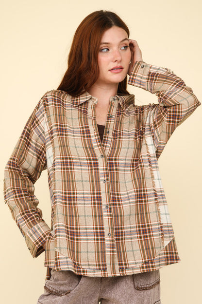 VERY J Contrast Plaid Raw Detail Shirt