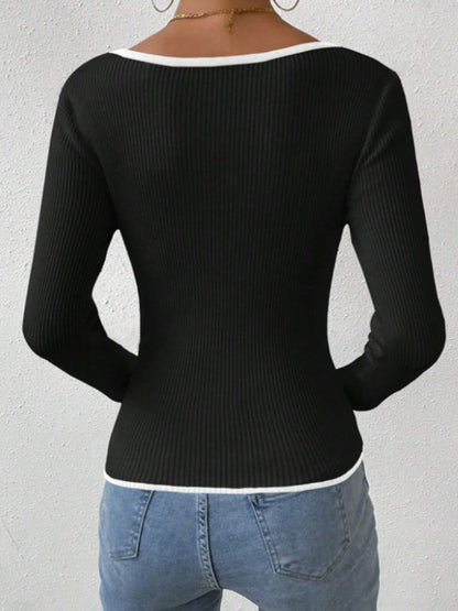 Contrast Trim Long Sleeve Knit Top