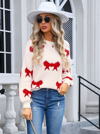 Bow Round Neck Dropped Shoulder Sweater