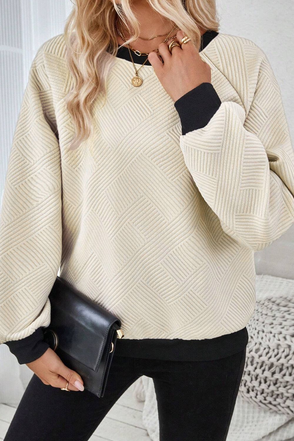 Texture Contrast Long Sleeve Sweatshirt