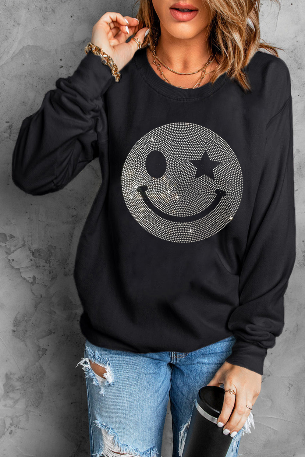 Rhinestone Smile Long Sleeve Sweatshirt