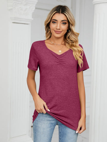 Ruched V-Neck Short Sleeve T-Shirt