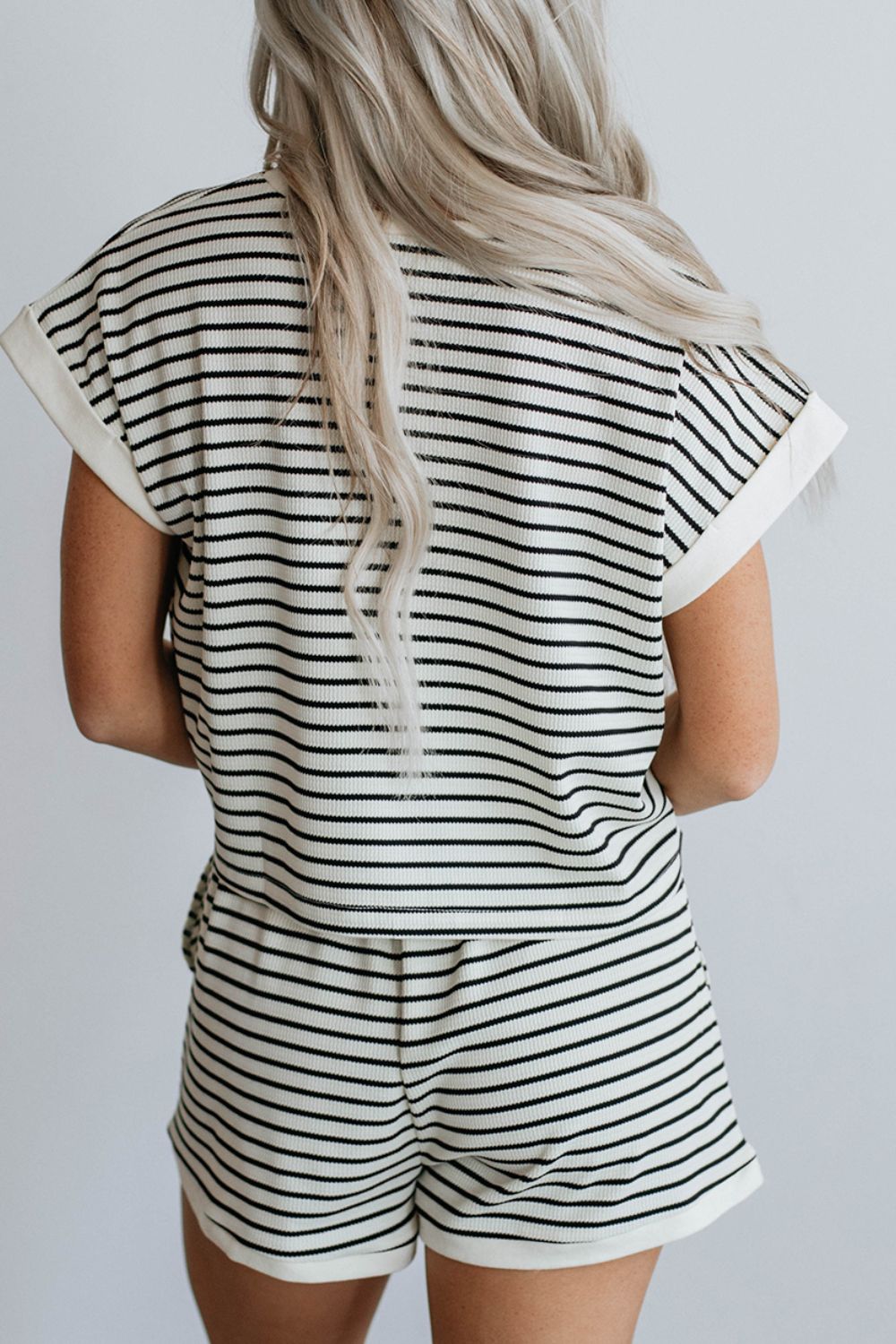 Striped Round Neck Top and Shorts Set