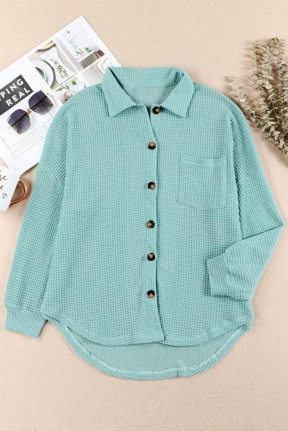 Waffle-Knit Collared Neck Long Sleeve Shirt