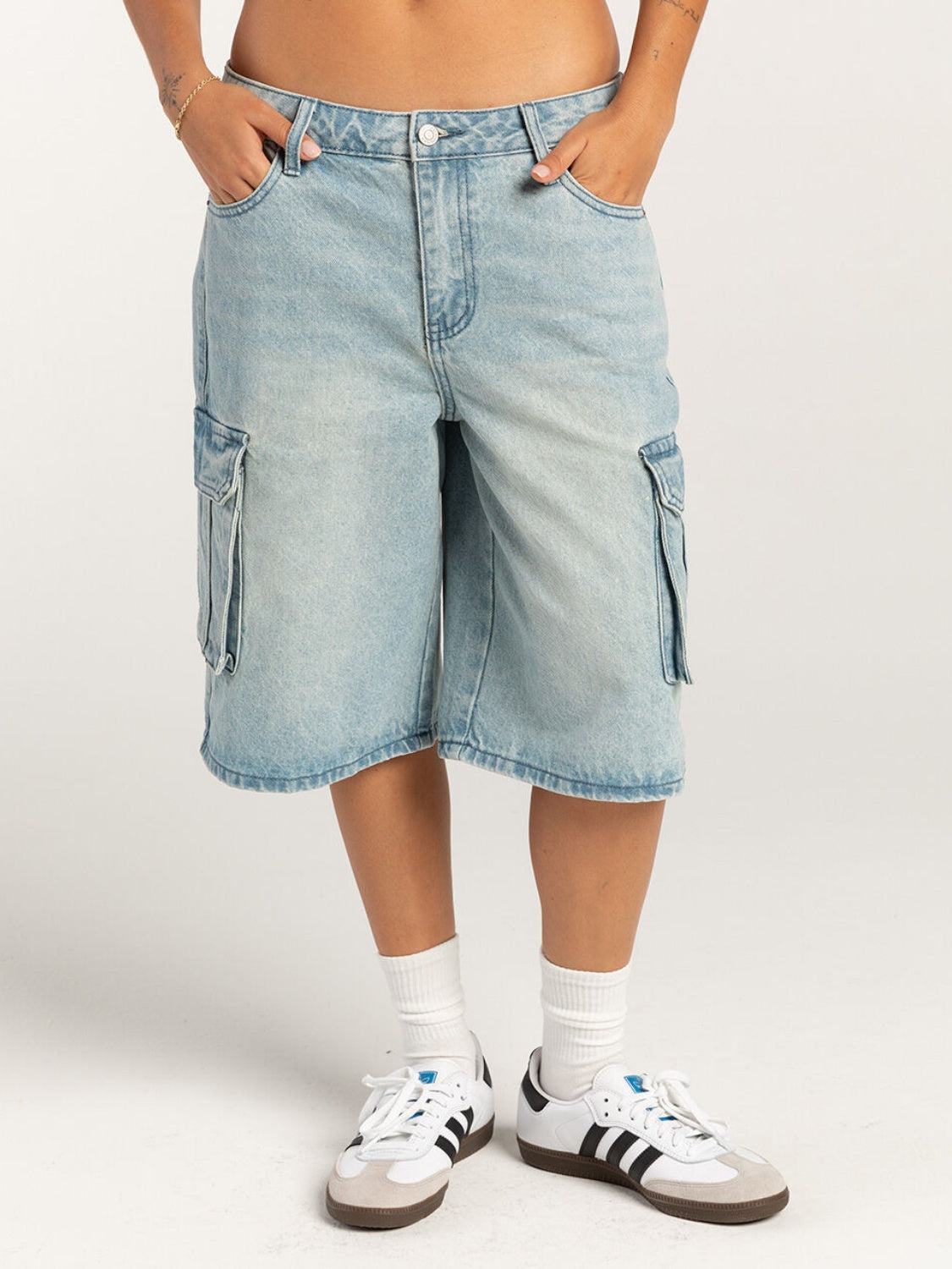 Mid-Rise Waist Denim Shorts with Pockets