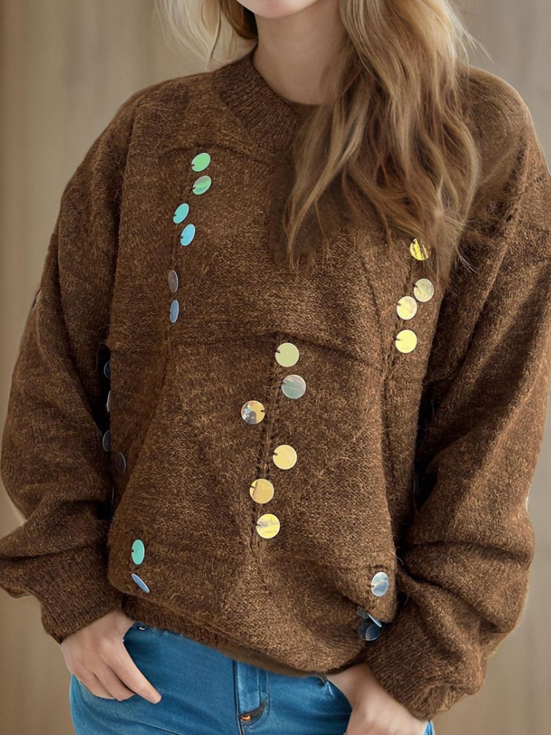 Sequin Mock Neck Long Sleeve Sweater