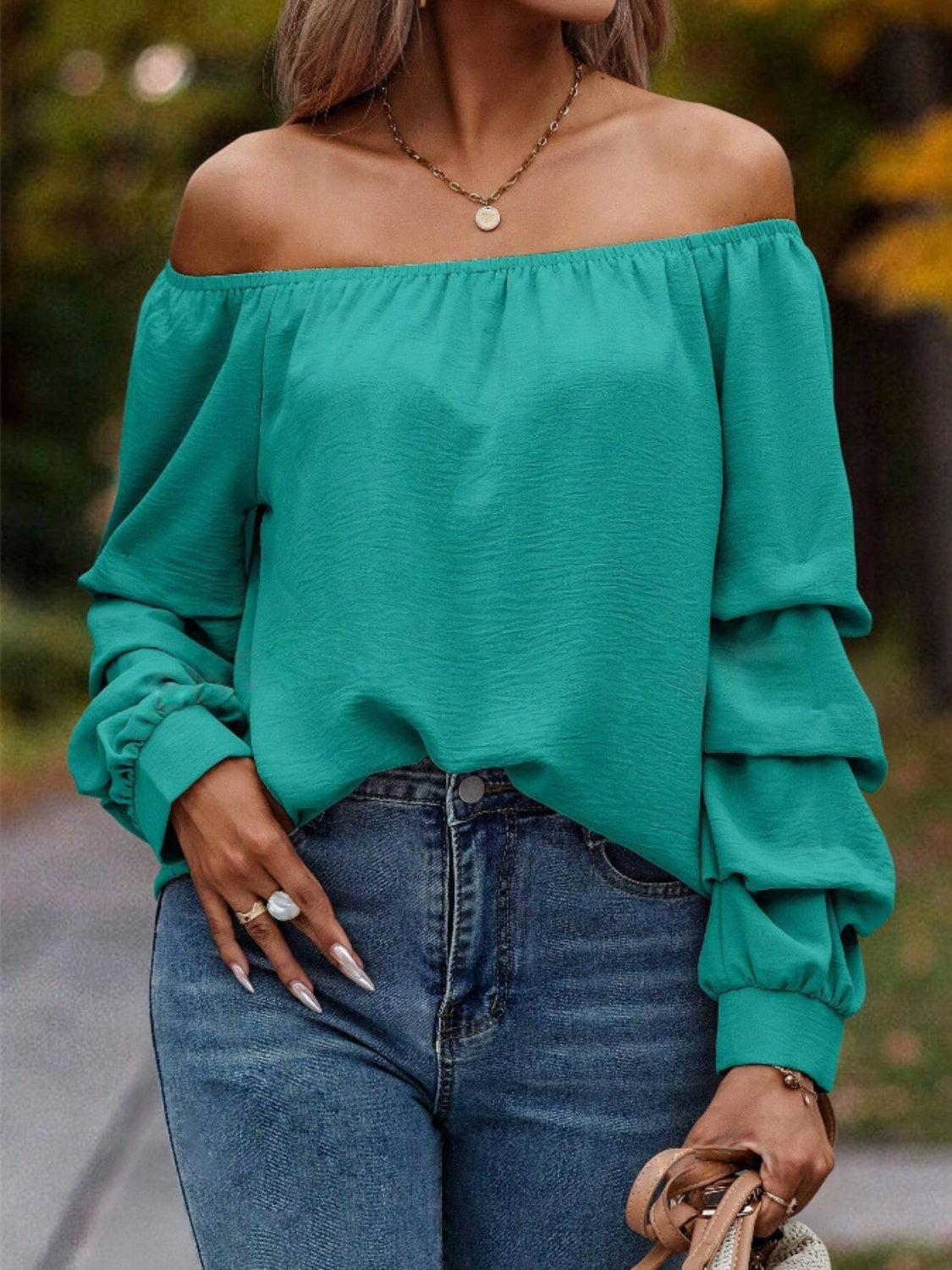 Ruched Off-Shoulder Long Sleeve Blouse