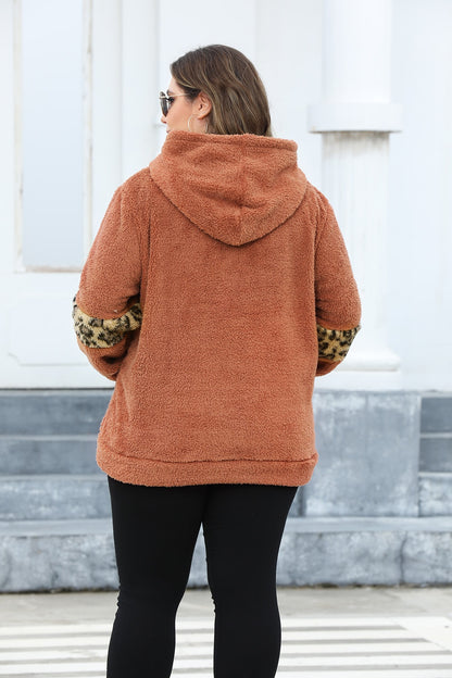 Plus Size Leopard Kangaroo Pocket Long Sleeve Hoodie