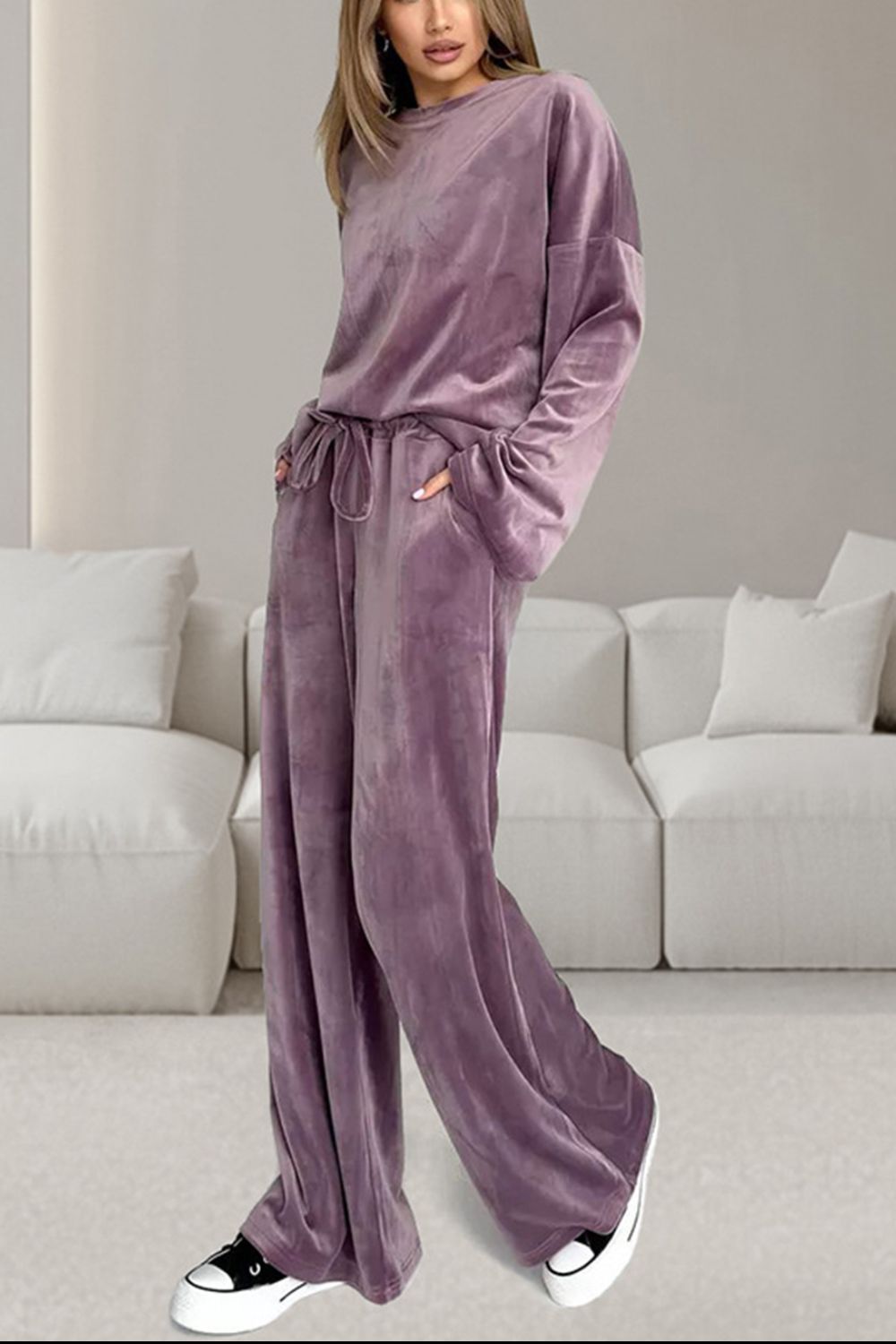 Buttery-Soft Round Neck Long Sleeve Top and Drawstring Pants Set