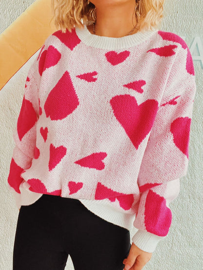 Heart Round Neck Long Sleeve Sweater