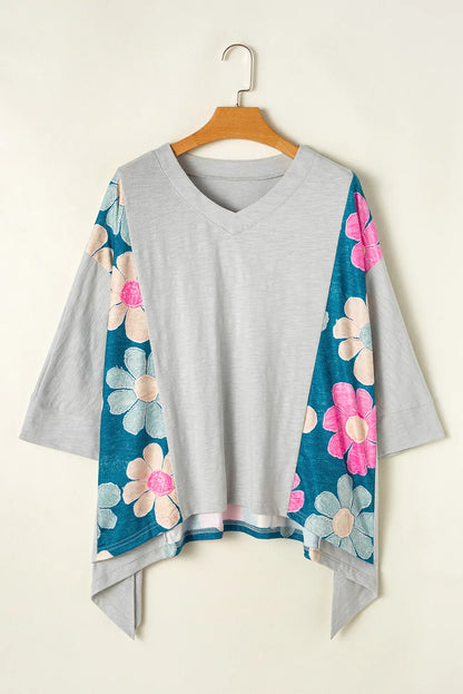 Slit Floral V-Neck Three-Quarter Sleeve Blouse