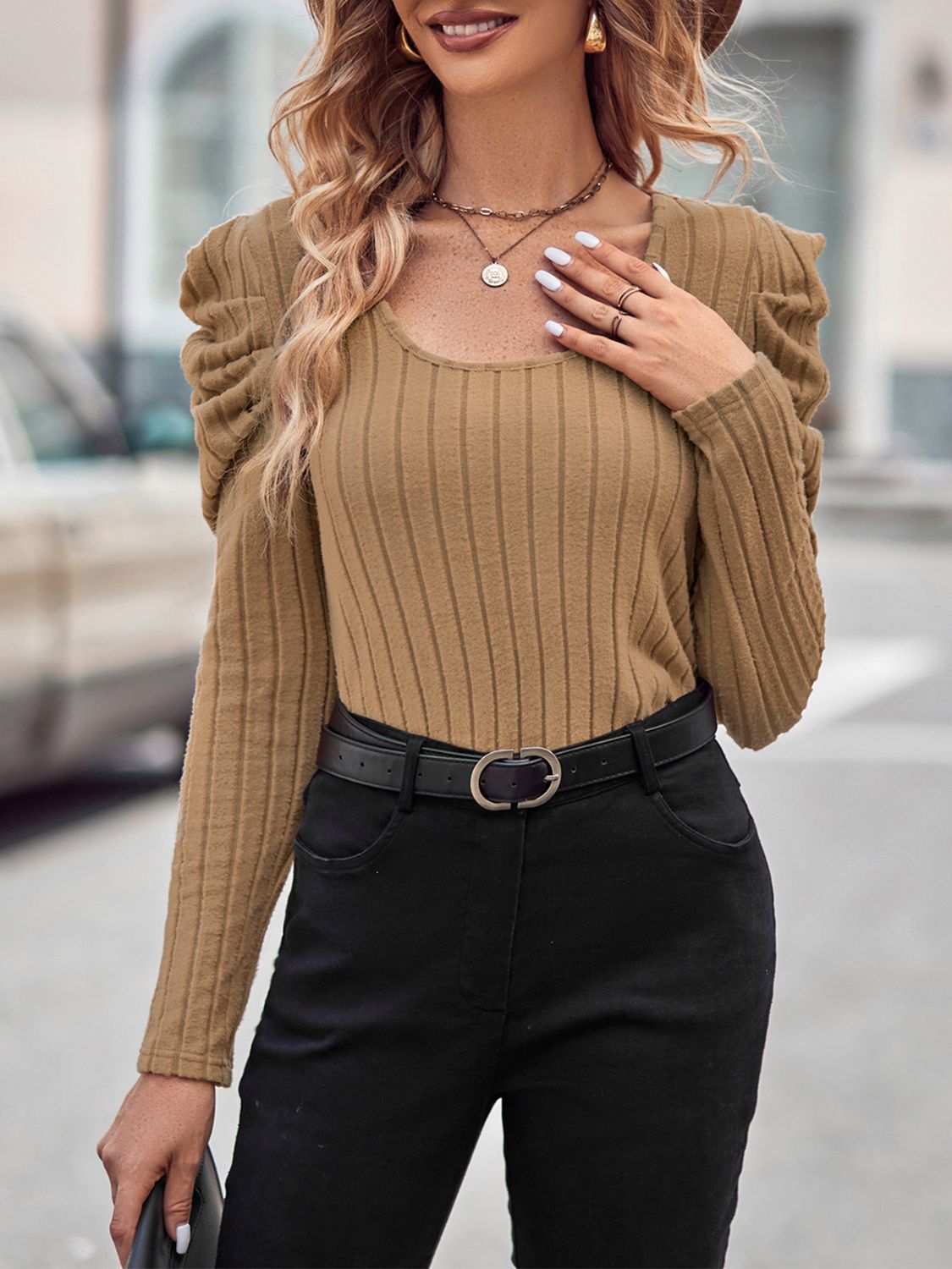 Ribbed Scoop Neck Puff Sleeve T-Shirt