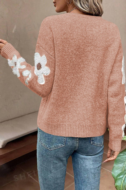 Flower Round Neck Long Sleeve Sweater