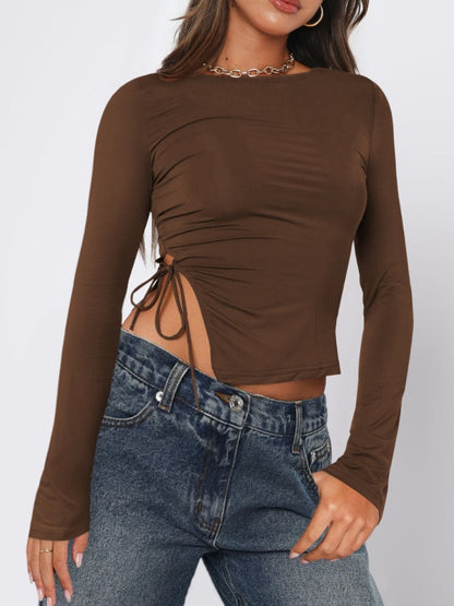 Tied Slit Round Neck Long Sleeve T-Shirt