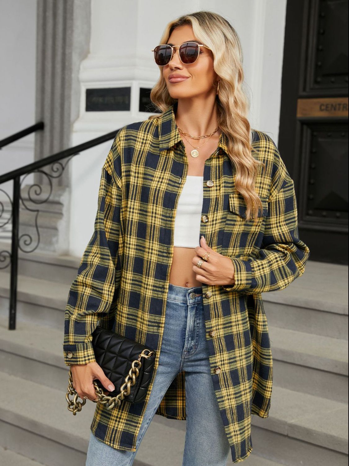 Plaid Collared Neck Long Sleeve Shirt