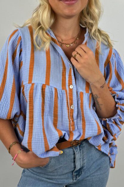 Striped Notched Three-Quarter Sleeve Blouse