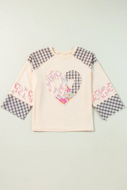 Heart Plaid Round Neck Long Sleeve Blouse