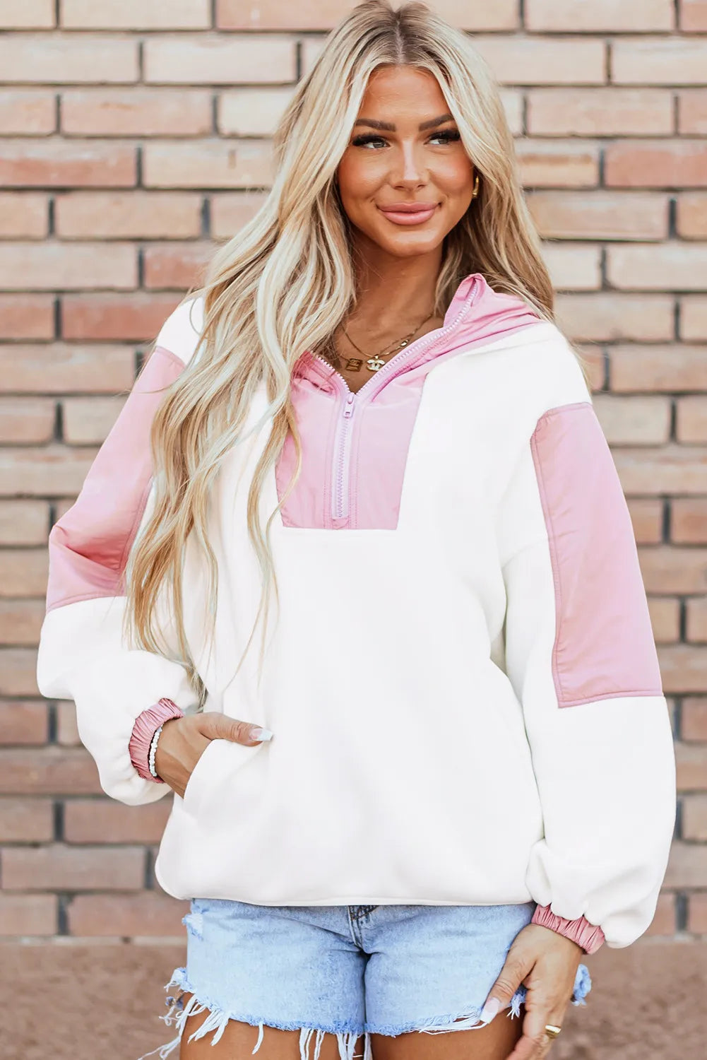 Color Block Half Zip Long Sleeve Hoodie