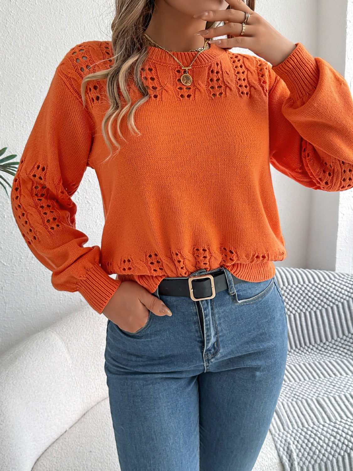 Openwork Round Neck Long Sleeve Sweater