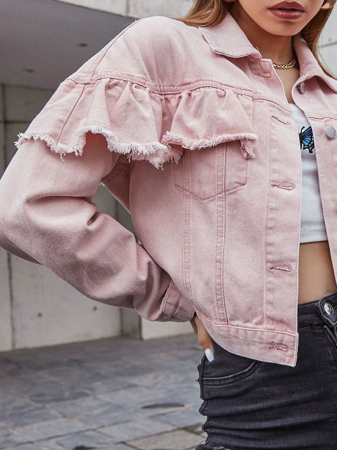 Ruffled Collared Neck Long Sleeve Denim Top