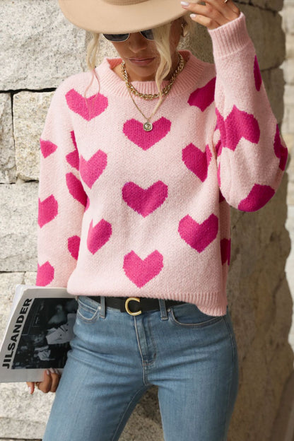 Perfee Heart Pattern Dropped Shoulder Sweater