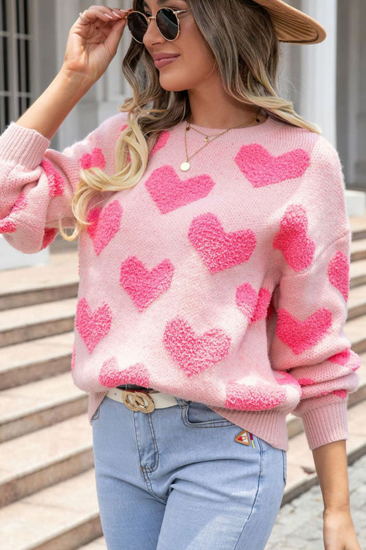 Valentine's Day Heart Jacquard Round Neck Sweater