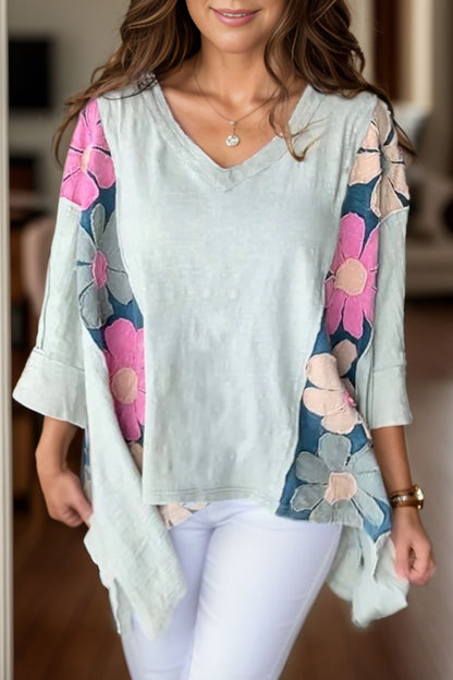 Slit Floral V-Neck Three-Quarter Sleeve Blouse