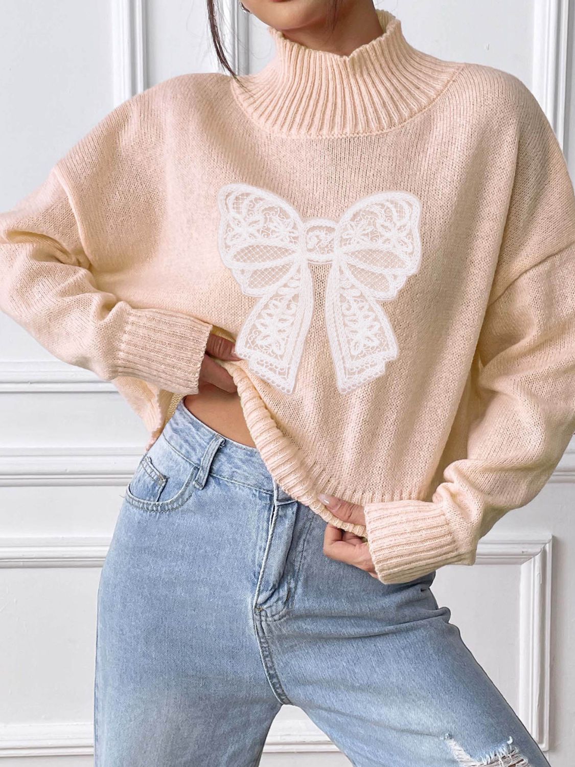 Bow Turtleneck Long Sleeve Sweater