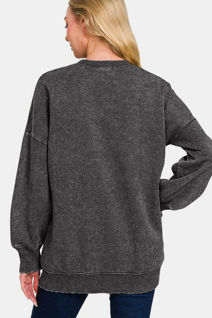 Zenana High-Low Acid Wash Fleece Sweatshirt