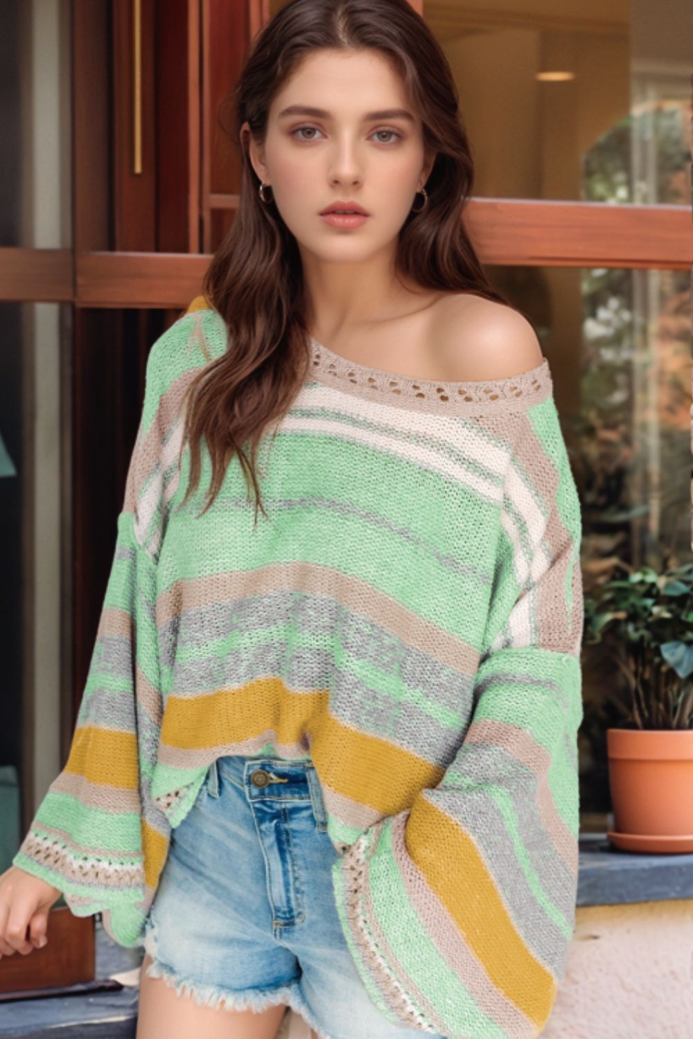 Contrast Striped Boat Neck Dropped Shoulder Sweater