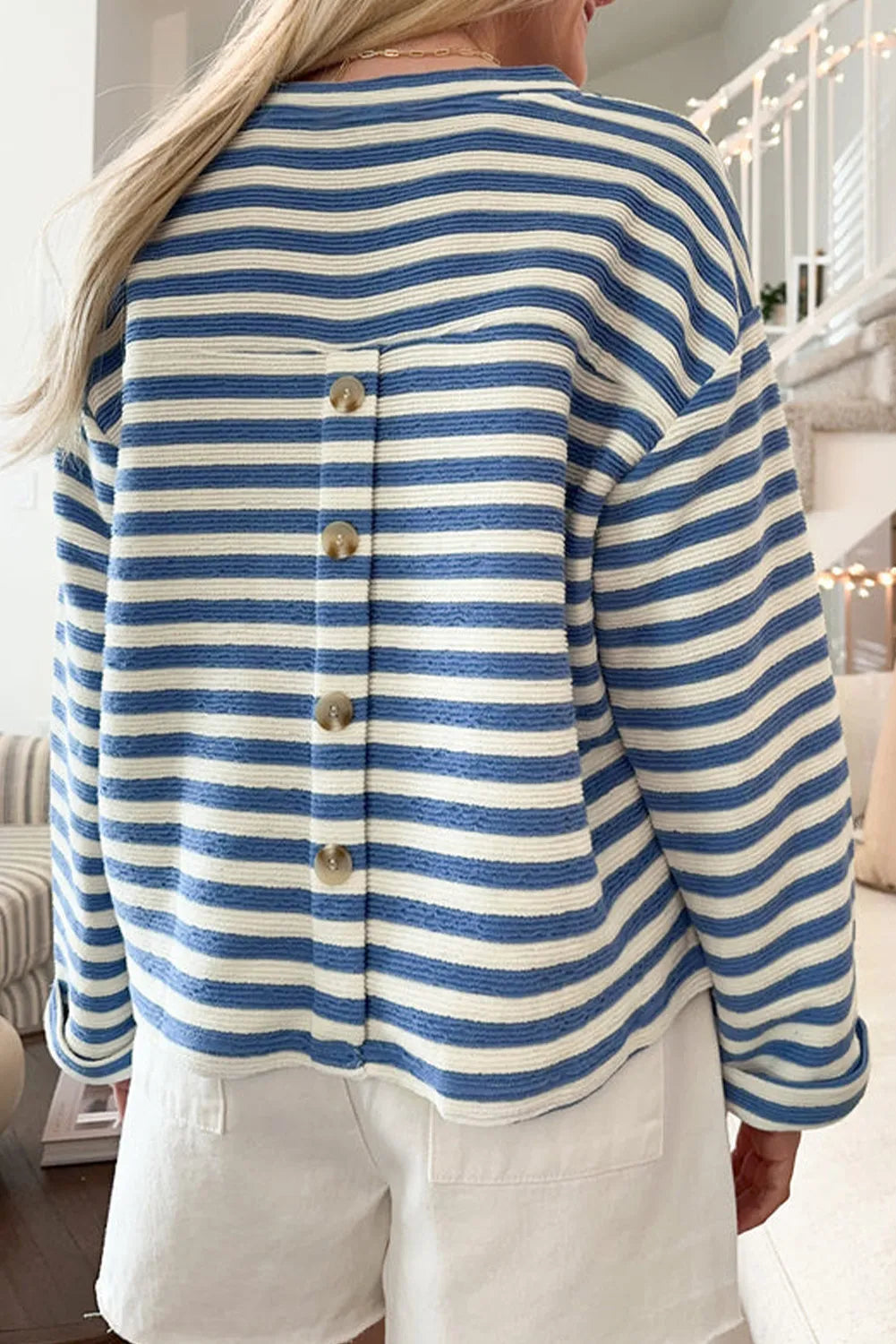 Striped Notched Long Sleeve Top