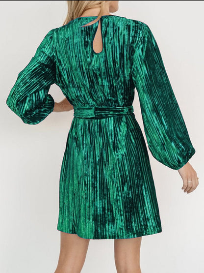 Velvet Round Neck Tie Waist Long Sleeve Mini Dress