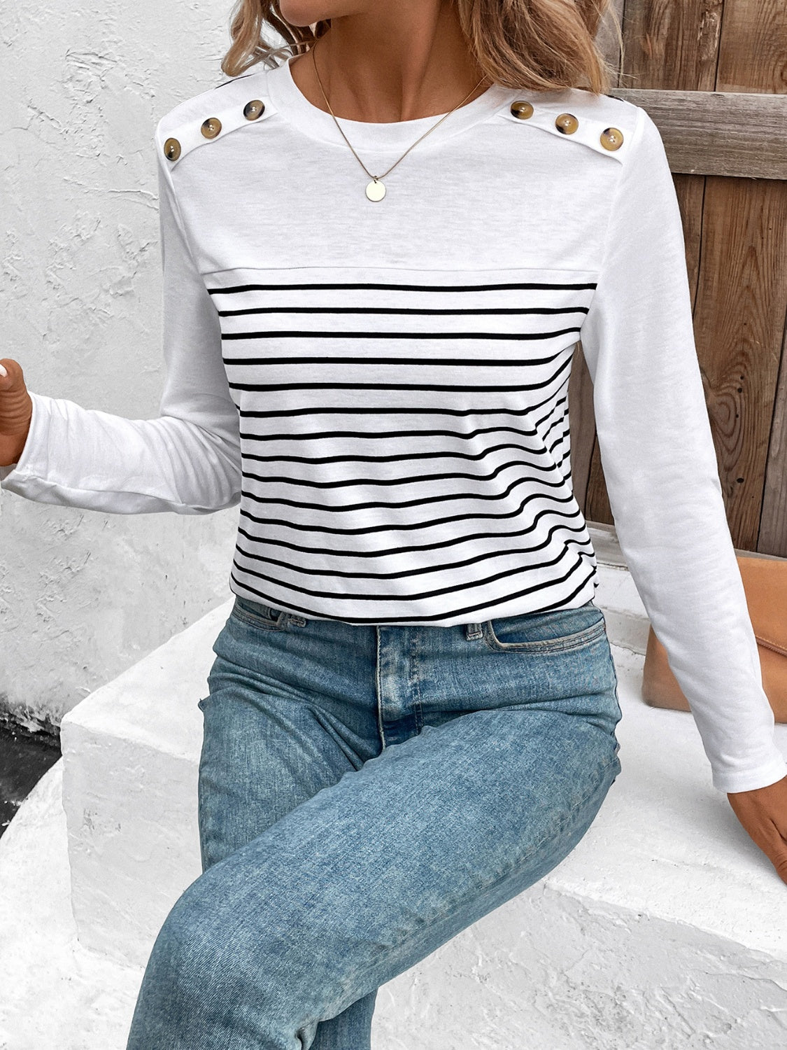 Decorative Button Striped Round Neck Long Sleeve T-Shirt