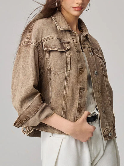 Pocketed Collared Neck Denim Jacket