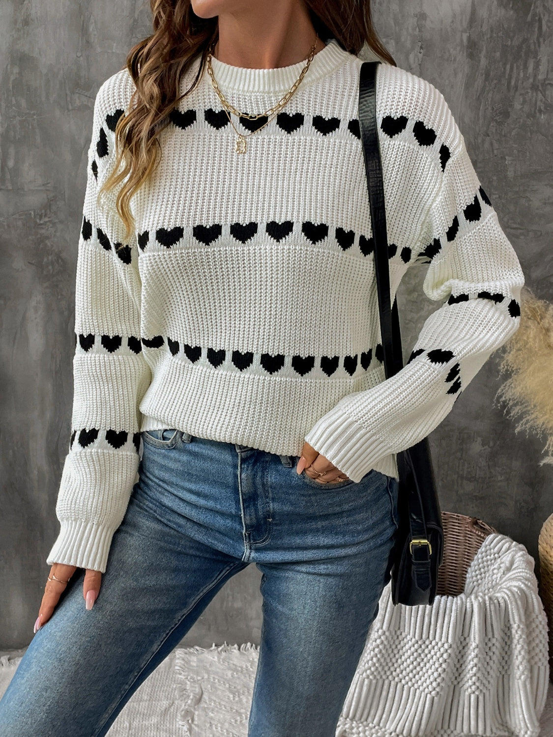 Heart Round Neck Long Sleeve Sweater