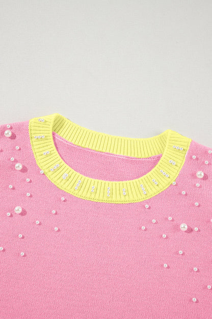 Pearl Detail Contrast Round Neck Sweater