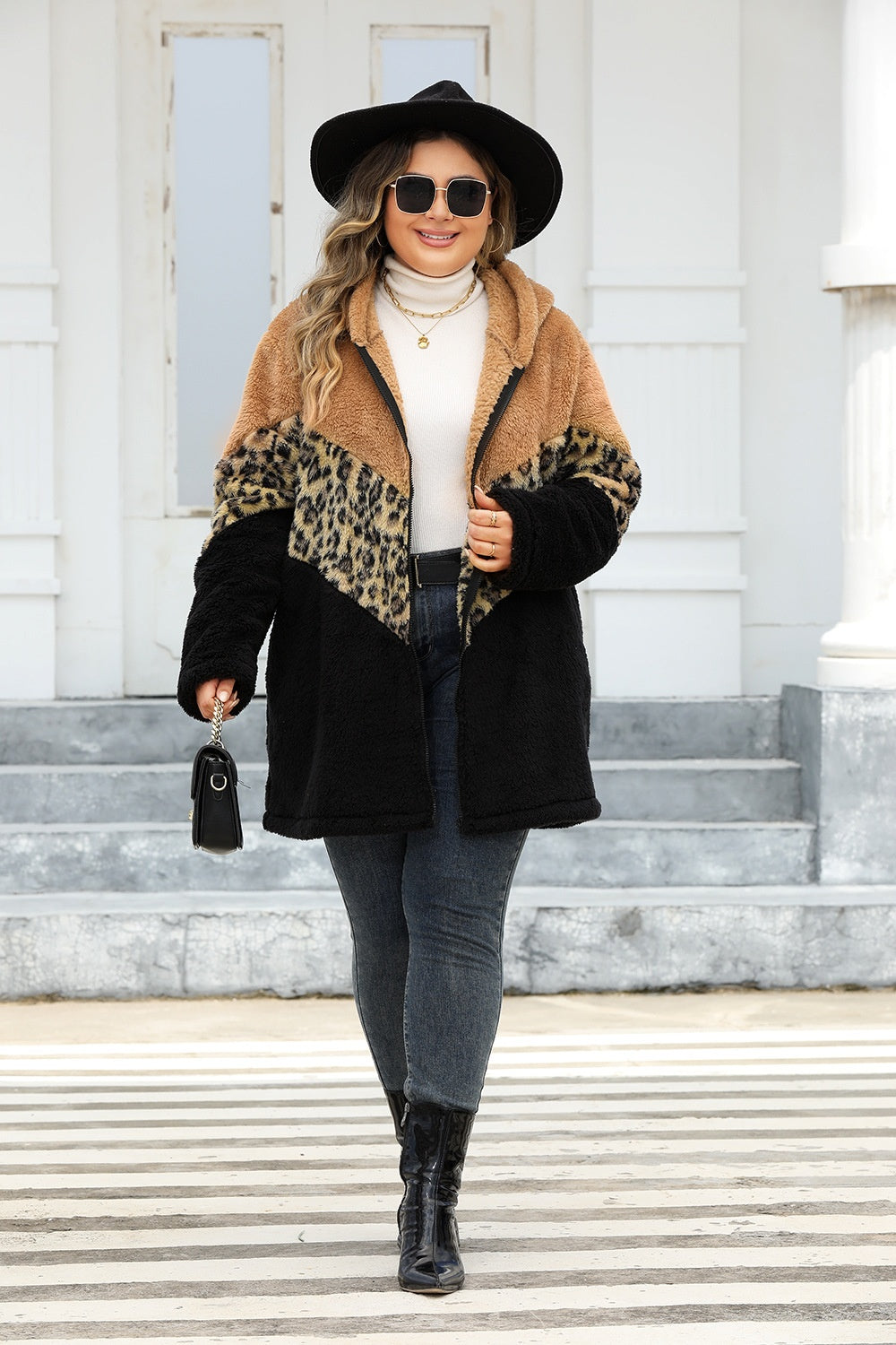 Plus Size Leopard Zip Up Hooded Outerwear