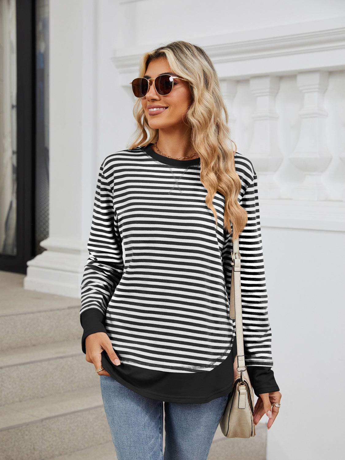 Striped Round Neck Long Sleeve Sweatshirt